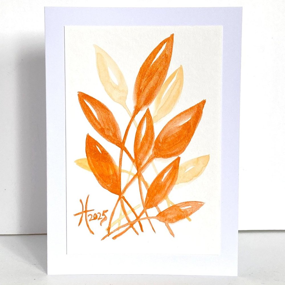 Funky Leaves Orange Original Watercolor Art Painting Handmade Greeting Card